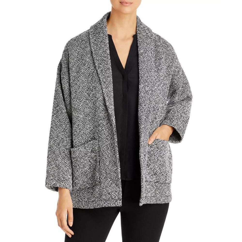 Eileen Fisher Womens Jacket Open Cardigan Sweater S Small Black White Tweed NWOT